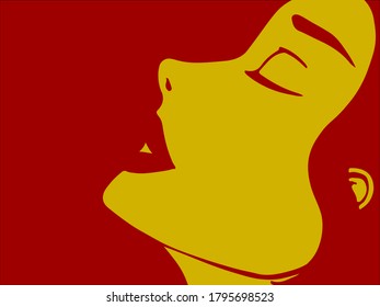 Closed eyes yellow girl with red background.