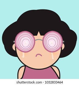 Closed Up Face Of The Girl Sobbing Crying With Her Red Onion Shaped Sunglasses Concept Card Character illustration