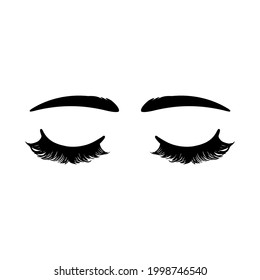 Closed female eyes, eyelashes, and eyebrows. Long beautiful eyelashes on isolated white background. Makeup, mascara, fashion. Vector illustration. For the logo of a beauty salon, lash extensions maker