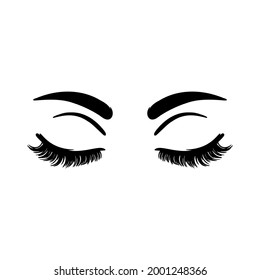 Closed female eyes, eyelashes, and eyebrows. Long beautiful eyelashes on isolated white background. Makeup, mascara, fashion. Vector illustration. For the logo of a beauty salon, lash extensions maker