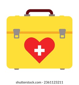 Closed first aid kit vector. Medical worker suitcase with pills, syrups and first aid equipment. Multicolored flat vector icon representing medicine items concept isolated on white background