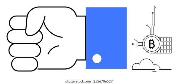 A closed fist in a blue sleeve is shown next to a Bitcoin symbol connected to a network with a cloud below it. Ideal for finance, cryptocurrency, blockchain technology, digital economy, network