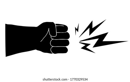 Closed fist hitting and leaving lightning. Vector. Silhouette. Icon.