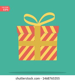 Closed flat gift box, surprise concept. Red square gift box with yellow ribbon and bow isolated on gree background. Vector illustration
