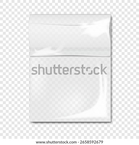 Closed fold top self adhesive sealing clear plastic poly bag. Realistic vector mockup. Blank empty cellophane pouch. 3d mock-up. Transparent package. Template for design
