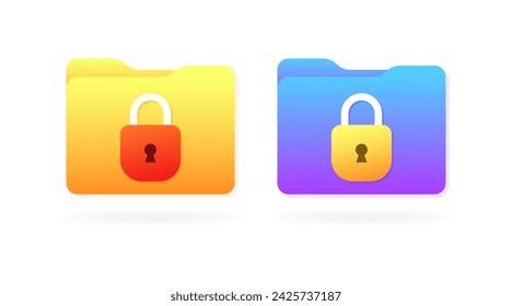 Closed folder icons. Folder with lock icons. Flat style. Vector icons