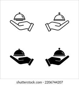 Closed food tray in hands hotel room service icon set.