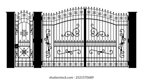Portão de ferro forjado fechado com pilares silhueta