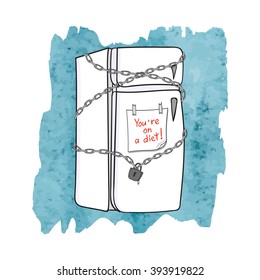 Closed fridge with chain and lock. Diet concept. Vector illustration. 