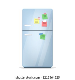 Closed fridge or refrigerator with magnet and sticker. Household appliances for kitchen. Freeze device. Isolated vector flat illustration