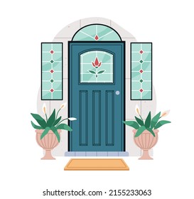 Closed Front Door Of House Outside. Home Entrance Exterior With Stained Glass, Windows, Potted Plants Flowers. Doorway Facade From Street. Flat Vector Illustration Isolated On White Background.