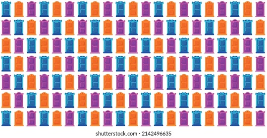 Closed front doors seamless pattern. Blue, orange, purple on white. Architecture doodle abstract background. Facade doorway flat vector illustration.