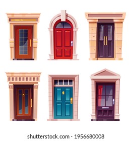 Closed front doors with stone frame for building facade. Vector cartoon set of house entrance, red, brown and blue wooden doors with knobs and windows isolated on white background