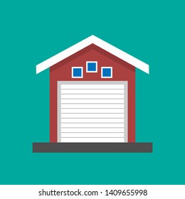 closed garage simple flat design. red garage with white roof