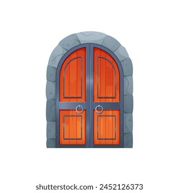 Closed gate to the castle. Medieval wooden gate, old city entrance cartoon vector illustration