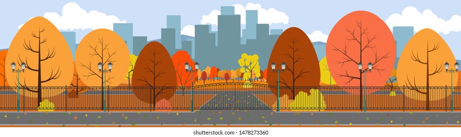 Closed gate, entrance to the city park. Vector illustration.