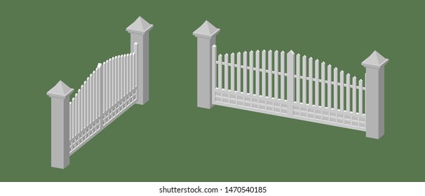 Closed gate. Isolated on green background. 3d Vector illustration. Dimetric projection.