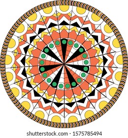A closed geometric system with elements equidistant from the Central point.orange, green, black.