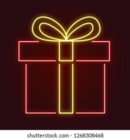 Closed gift box with a bow on the lid. vector neon icon for modern design