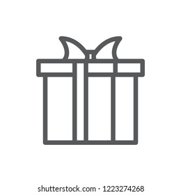 Closed gift box decorated with ribbon and bow pixel perfect icon with editable stroke isolated on white background - line symbol of wrapped present for congratulation concept.