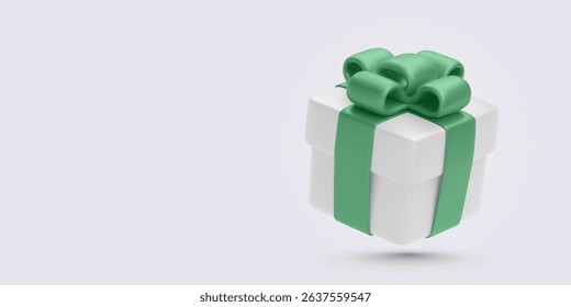 Closed Gift Box with Glossy Green Ribbon and Decorative Bow in 3D Style. Ideal for Holiday, Bonus, Surprise, or Celebration-Themed Designs. Vector Illustration.