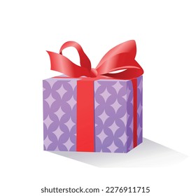 Closed gift box. Present or surprise in violet package with rhombus and with red ribbon. Happy birthday and wedding anniversary. Marketing and advertising. Cartoon isometric vector illustration