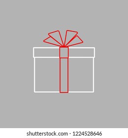 Closed gift box with red ribbon bow. Isolate Simple flat gift box icon from line of strips. Design element for advertising, greeting cards for Christmas New Year Valentine's Day Vector box line icon