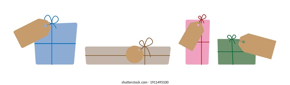 cajas de regalo cerradas con cinta de cinta, etiqueta de papel pardo de arco y kraft en estilo plano, ilustración del vector de vacaciones conjunto de clipart, elemento de diseño festivo aislado en fondo blanco