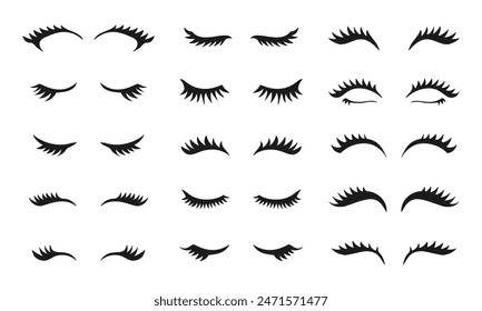 Closed girl eyes and eyelashes. Various closed eye with beautiful black eyelashes, mascara beauty face makeup line vector set