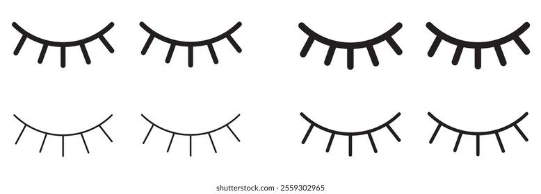 Closed girl eyes and eyelashes. Various closed eye with beautiful black eyelash silhouette