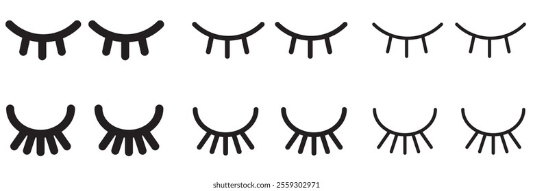 Closed girl eyes and eyelashes. Various closed eye with beautiful black eyelash silhouette