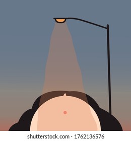 Closed Up Girl Looking Up To The Lighting On Street Or Roadway Under The Dawn Sky Concept Card Character illustration