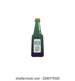 Closed glass beer bottle with walnut on label flat style, vector illustration isolated on white background. Beer festival concept, design element, alcoholic drink