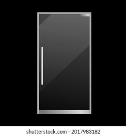 Puerta de vidrio cerrada realista. Elemento exterior. Material brillante transparente, perilla metálica plateada, oficina u objeto de vista frontal boutique. Vector aislado en la ilustración de fondo negro