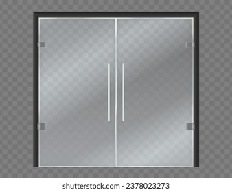 Closed glass doors. 3D office or boutique doorways. Store double transparent doorway. Isolated showcase windows. Entrance of shop or storefront in mall. Front view. Vector realistic interior object