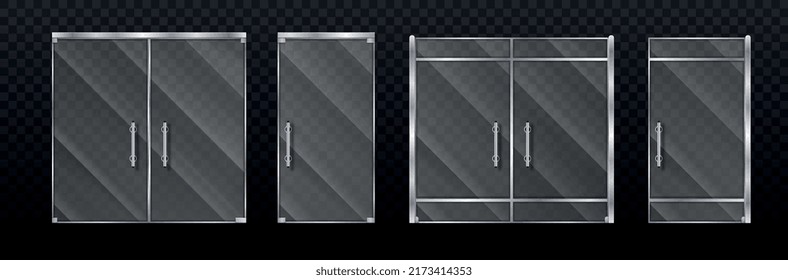 Closed glass doors set. Collection of shop and market windows or office doors. Modern minimalist architecture and reflection. Realistic flat vector illustration isolated on transparent background