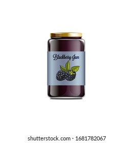 Closed glass jam or confiture jar labeled with blackberry tag, realistic vector template illustration isolated on white background. Berry preserves container mockup.