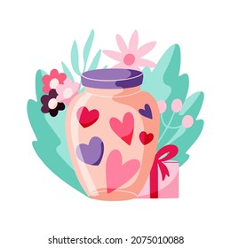 Closed glass jar with hearts, Valentine's Day concept with floral background. Vector hand drawn illustration