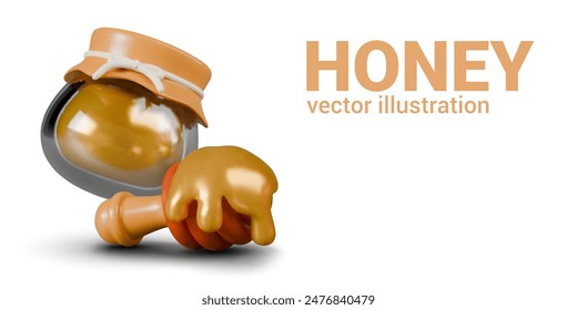Closed glass jar with honey, honey dipper with viscous liquid