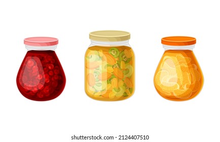 Closed Glass Jar with Preserved Food in Marinade Vector Set