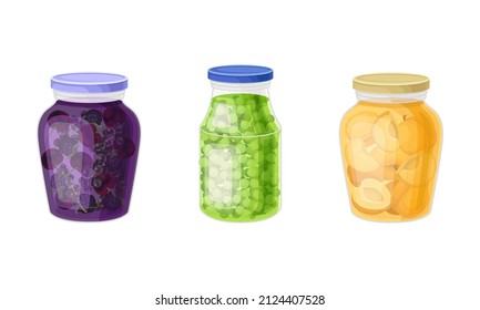 Closed Glass Jar with Preserved Food in Marinade Vector Set