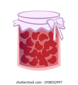 Closed glass jar with raspberry jam isolated on white background.