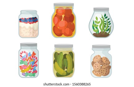 Closed glass jars with different products. Vector illustration on a white background.