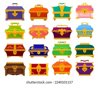 Closed Gold Chest and Caskets with Golden Metal Elements and Keyholes Big Vector Set