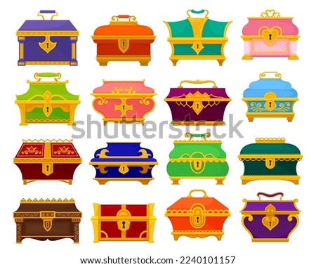 Closed Gold Chest and Caskets with Golden Metal Elements and Keyholes Big Vector Set