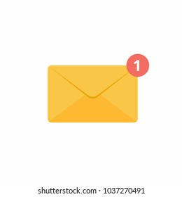 Closed golden yellow envelope icon sign flat design with new message number one vector illustration isolated on white background