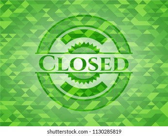 Closed green emblem with triangle mosaic background