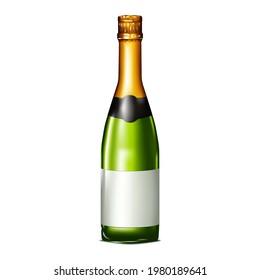 Closed green glass champagne bottle with blank label and gold foil top isolated on white background, mock-up. Vector illustration