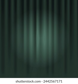 Closed green theater or cinema curtain on stage with circular spotlight. Realistic vector background of a Broadway show or film ceremony, fluttering drapery. Velvet fabric background on stage with lig