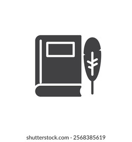 Closed hardcover book with a quill pen vector icon. filled flat sign for mobile concept and web design. Write Book glyph icon. Symbol, logo illustration. Vector graphics